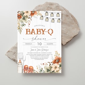 Gender Neutral Baby-Q Baby Shower Invitation, Rust Orange Sage Green Flower Invite, Coed Couples BBQ Burgers Beer, Backyard Barbecue