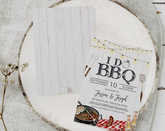 I Do BBQ カップル シャワー招待状、BBQ バーガー ビール 婚約招待状、裏庭バーベキュー、男女混合カップル シャワー編集可能印刷可能テンプレート