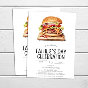 May include: Invitation to a Father's Day celebration with a burger illustration. The event is hosted by the Robinson family at The Burger Cafe on June 15th at 6pm. RSVP with Jamie by May 1st at 555-555-5555.