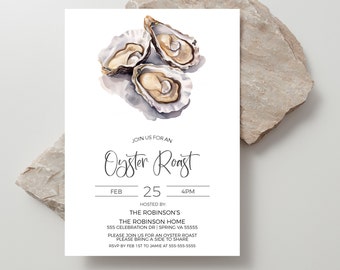 May include: Oyster Roast invitation featuring a watercolour illustration of three oysters on a white background. The invitation includes the date, time, and location of the event. RSVP by 1st February to Jamie at 555-555-5555.