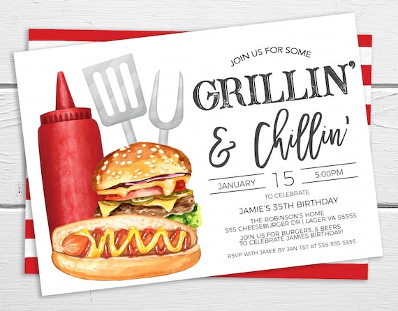 Grillin' And Chillin' Invitation, BBQ Barbeque Invite, Burgers Beer Grilling Cookout Barbecue, Memorial Day, Labor Day, 4th Of July Template Il_570xn