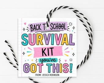 Back To School Survival Kit Gift Tag, Welcome Back Favor Label, Printable Editable