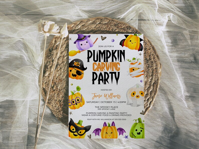 May include: A white invitation card with a pumpkin carving party theme. The card features a variety of cute cartoon pumpkins with different expressions and costumes. The text on the card reads "Join us for a Pumpkin Carving Party", "Hosted by Jamie Williams", "Saturday | October 15 | 4:00PM", "The Spooky Place", "555 Spooky Lane", "Pumpkin Carving & Painting Party!", "Wear a Costume! Food & Drinks Provided", and "RSVP with Ms. Williamson at 555-555-5555".