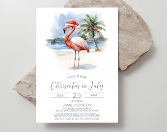 Peut inclure: Une invitation à une fête de Noël en juillet avec un flamant rose portant un chapeau de Père Noël sur une plage avec des palmiers. L'invitation indique "Rejoignez-nous pour Noël en juillet" avec la date et l'heure de la fête. L'invitation comprend également le nom et l'adresse de l'hôte, ainsi qu'une demande de RSVP avant le 1er juillet.