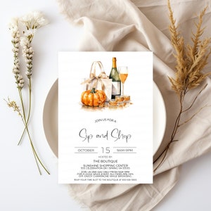 Fall Sip And Shop Invitation, Autumn Sip and Shop Invite, Thanksgiving Boutique Store Holiday Sale Event, Champagne Wine Shopping, Editable