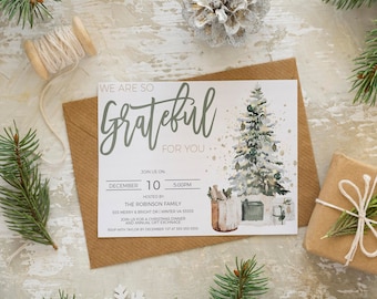 May include: A white Christmas invitation with a watercolour illustration of a decorated Christmas tree. The invitation reads "We are so grateful for you" and includes details for a Christmas dinner and gift exchange hosted by the Robinson family.