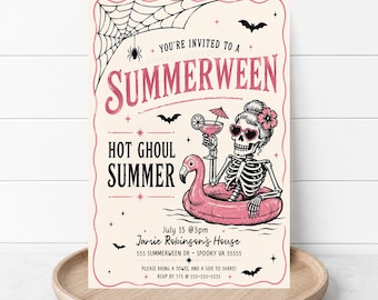 Sommarinbjudan till het spöke, sommarinbjudan till Halloween-poolparty, läskig sommarfödelsedag, redigerbar utskrivbar digital