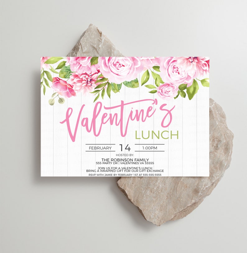 May include: A pink and green Valentine's Day lunch invitation with a floral border. The invitation reads "Valentine's Lunch" with the date "February 14" and time "1:00PM". It also includes the host, "The Robinson Family", address, and RSVP information.