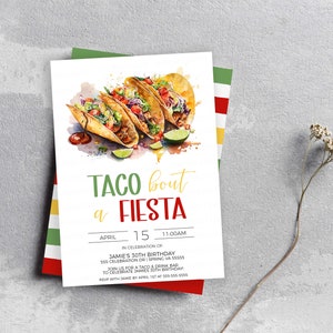 Puede incluir: Una invitaci&oacute;n colorida para una fiesta Taco bout a Fiesta. La invitaci&oacute;n presenta una ilustraci&oacute;n de acuarela de tres tacos con ingredientes, una rodaja de lima y un toque de salsa roja. El texto de la invitaci&oacute;n dice "Taco bout a Fiesta" en letras verdes y rojas, con la fecha y la hora de la fiesta indicadas debajo. La invitaci&oacute;n est&aacute; decorada con un borde a rayas rojo, amarillo y verde.