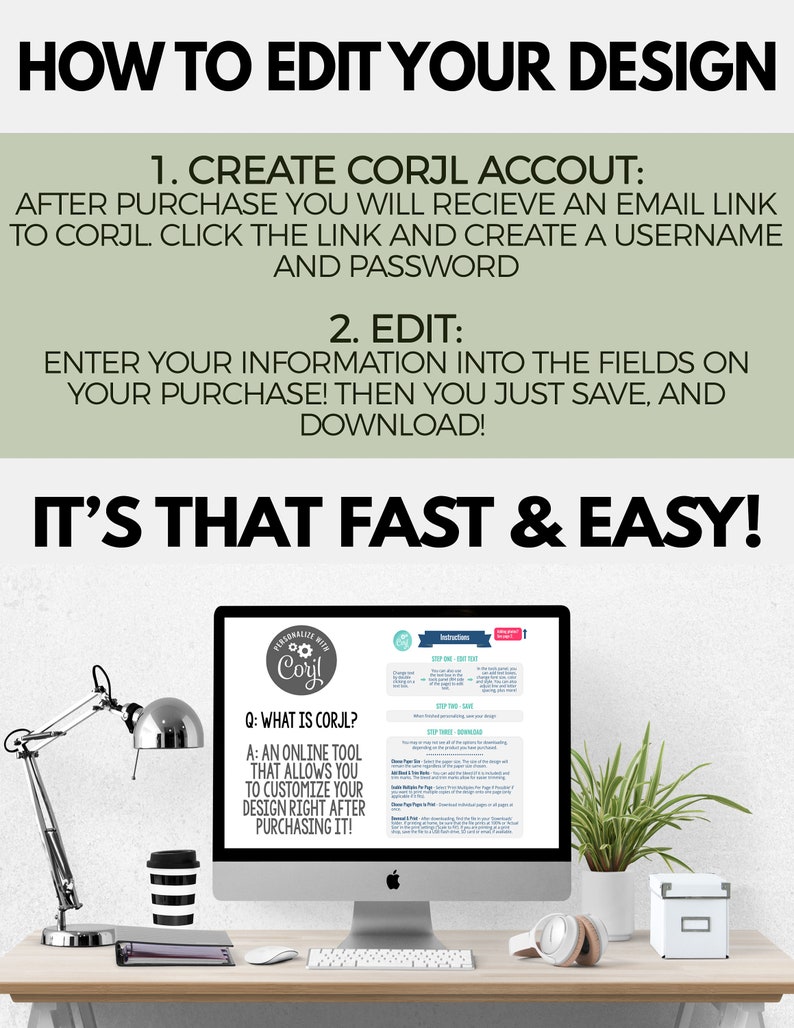 May include: A computer screen displaying instructions on how to edit a design using the Corjl website. The text on the screen reads "Personalize with Corjl" and "Q: What is Corjl? A: An online tool that allows you to customize your design right after purchasing it!"