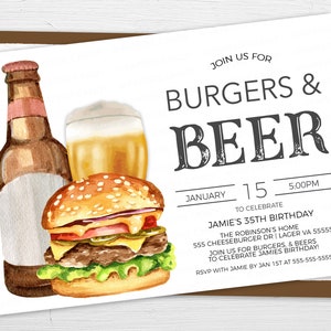K&ouml;nnte beinhalten: Eine Einladung zu einer Geburtstagsfeier mit einer Aquarell-Illustration von einem Burger, Bier und einer Bierflasche. Der Text lautet "Join us for Burgers & Beer" und "Januar 15, 17:00 Uhr, um Jamies 35. Geburtstag zu feiern".