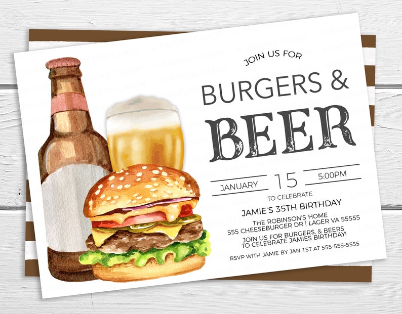 K&ouml;nnte beinhalten: Eine Einladung zu einer Geburtstagsfeier mit einer Aquarell-Illustration von einem Burger, Bier und einer Bierflasche. Der Text lautet "Join us for Burgers & Beer" und "Januar 15, 17:00 Uhr, um Jamies 35. Geburtstag zu feiern".