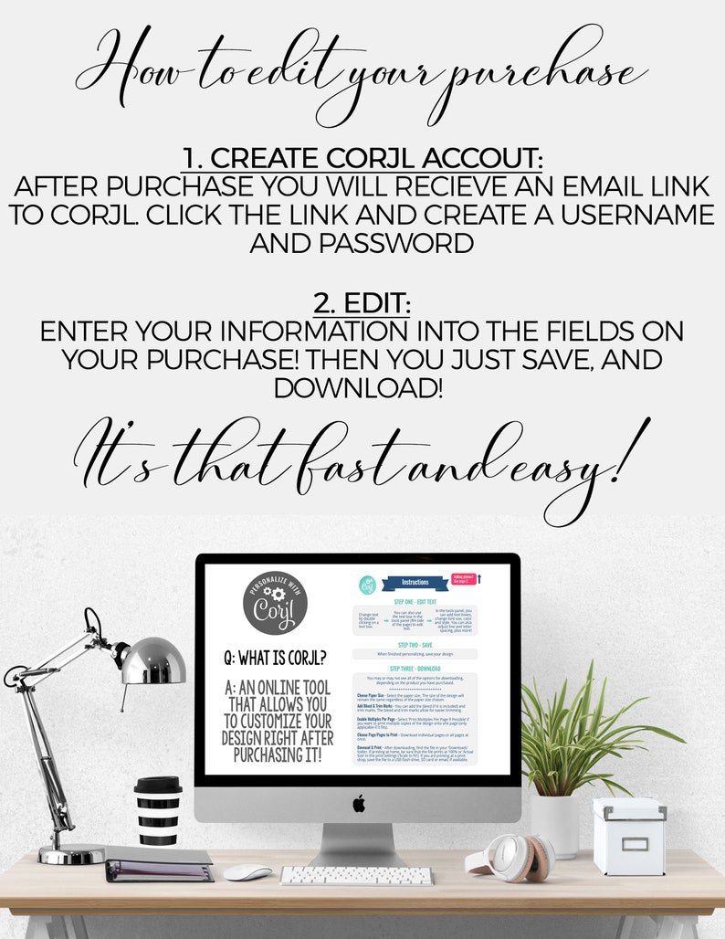 May include: A computer screen displaying instructions on how to edit a purchase using the Corjl online tool. The text on the screen reads "Personalize with Corjl" and "Q: What is Corjl? A: An online tool that allows you to customize your design right after purchasing it!"