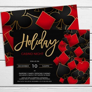 May include: A black and red invitation with gold glitter text for a Holiday Casino Night. The invitation features a pattern of playing card suits. The text reads "Holiday Casino Night" with the date and time of the event. The location is "Paperie Candy Designs Casino" with the address and RSVP information.