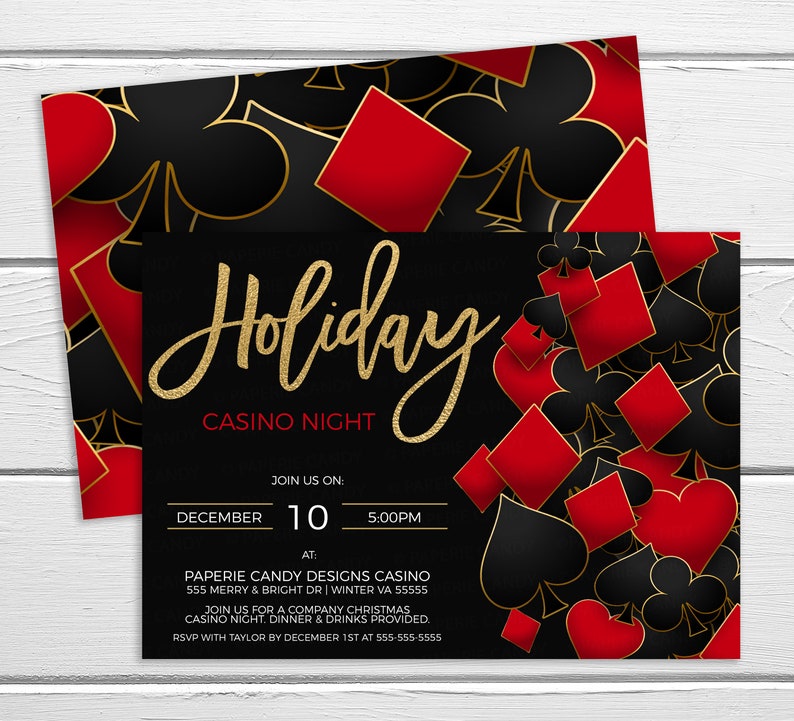 May include: A black and red invitation with gold glitter text for a Holiday Casino Night. The invitation features a pattern of playing card suits. The text reads "Holiday Casino Night" with the date and time of the event. The location is "Paperie Candy Designs Casino" with the address and RSVP information.
