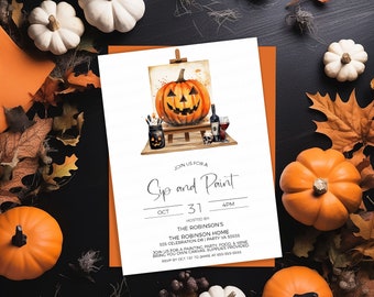 May include: An invitation to a Sip and Paint party on October 31st at 4 PM. The invitation features a watercolor illustration of a jack-o-lantern on an easel with paintbrushes, a wine bottle, and a wine glass. The text reads "Join us for a Sip and Paint" with the date and time below. The event is hosted by The Robinson's at The Robinson Home, 555 Celebration Dr, Party VA 55555. The invitation requests guests to bring their own canvas and RSVP by October 1st to Jamie at 555-555-5535.