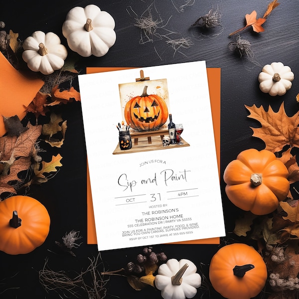 Halloween Sip And Paint Party Invitation, Halloween Wine Painting Party Invite, Halloween Drinks And Bites Party, Digital Template Printable