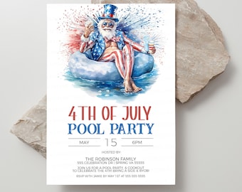 4th Of July Pool Party Invitation, Independence Day Pool Party Invite, July 4th BBQ Fireworks Pool Party, Editable Printable Template