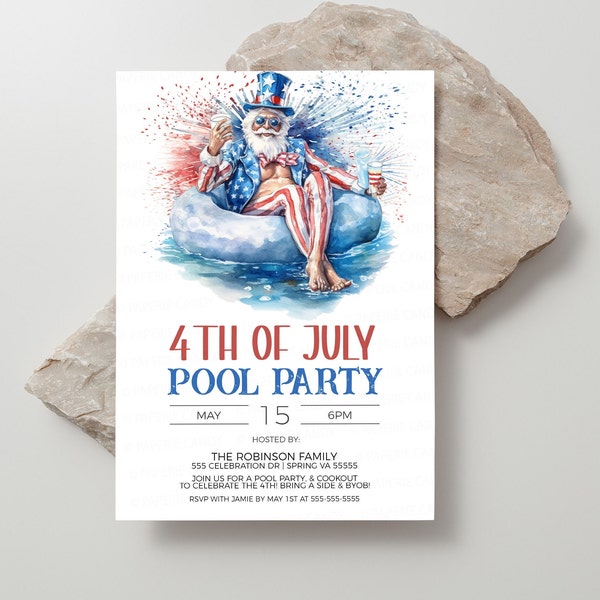 4th Of July Pool Party Invitation, Independence Day Pool Party Invite, July 4th BBQ Fireworks Pool Party, Editable Printable Template