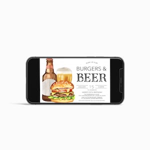 K&ouml;nnte beinhalten: Ein Smartphone, auf dem eine digitale Einladung zu einer "Burger & Bier"-Party angezeigt wird. Die Einladung zeigt eine Aquarell-Illustration eines Hamburgers, einer Bierflasche und eines Glases Bier. Der Text auf der Einladung lautet "Join us for Burgers & Beer" und enth&auml;lt das Datum und die Uhrzeit der Veranstaltung.