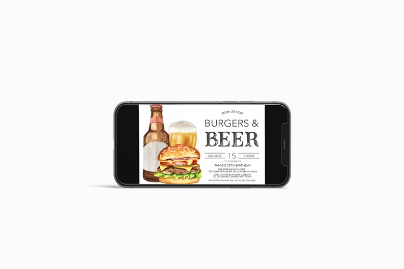 K&ouml;nnte beinhalten: Ein Smartphone, auf dem eine digitale Einladung zu einer "Burger & Bier"-Party angezeigt wird. Die Einladung zeigt eine Aquarell-Illustration eines Hamburgers, einer Bierflasche und eines Glases Bier. Der Text auf der Einladung lautet "Join us for Burgers & Beer" und enth&auml;lt das Datum und die Uhrzeit der Veranstaltung.