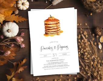 Inbjudan till höstpannkaksfest, pannkakor och pyjamasinbjudan, inbjudan till frukostfest för födelsedagsfest, skolpersonal, förälder/förälder, redigerbar digital