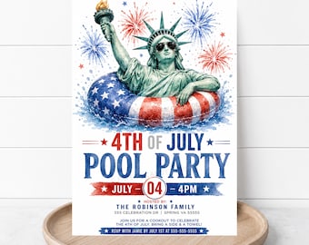 Inbjudan till poolparty för den 4 juli, inbjudan till poolparty för patriotisk självständighetsdagen, Frihetsgudinnan för den 4 juli, digitalt redigerbar utskrivbar