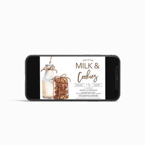May include: A digital invitation for a "Milk & Cookies" party. The invitation features a watercolor illustration of a glass bottle of milk with a straw and a stack of chocolate chip cookies tied with twine. The text on the invitation reads "Join us for Milk & Cookies" and includes details about the event, including the date, time, and location.