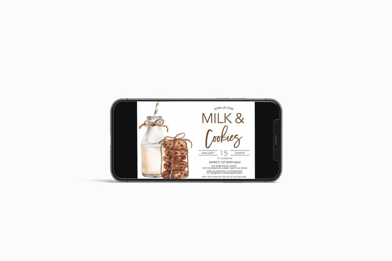 May include: A digital invitation for a "Milk & Cookies" party. The invitation features a watercolor illustration of a glass bottle of milk with a straw and a stack of chocolate chip cookies tied with twine. The text on the invitation reads "Join us for Milk & Cookies" and includes details about the event, including the date, time, and location.