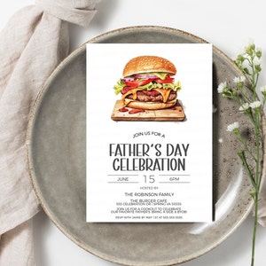 May include: A Father's Day celebration invitation with a cartoon illustration of a hamburger. The invitation is for June 15th at 6pm at The Burger Cafe, 555 Celebration Dr Spring VA 55555. RSVP with Jamie by May 1st at 555-555-5555.