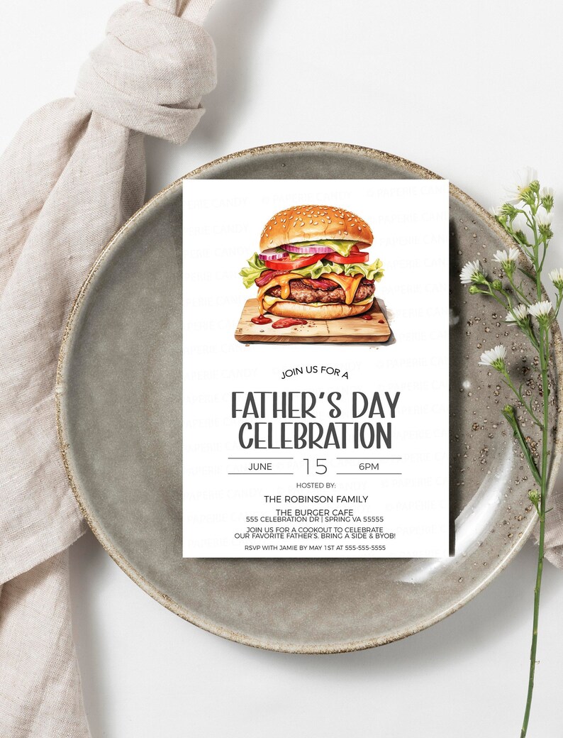 May include: A Father's Day celebration invitation with a cartoon illustration of a hamburger. The invitation is for June 15th at 6pm at The Burger Cafe, 555 Celebration Dr Spring VA 55555. RSVP with Jamie by May 1st at 555-555-5555.