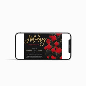 May include: A smartphone displaying a digital invitation for a Holiday Casino Night. The invitation features a black background with gold text and red and black playing card symbols.