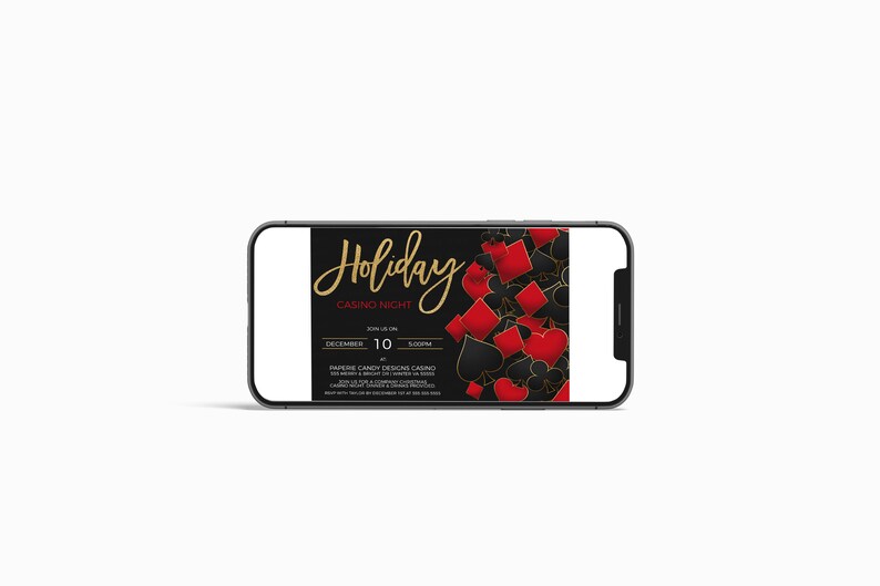 May include: A smartphone displaying a digital invitation for a Holiday Casino Night. The invitation features a black background with gold text and red and black playing card symbols.