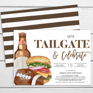 May include: A watercolor illustration of a beer bottle, hamburger, and football. The text "Let's Tailgate & Celebrate" is at the top of the invitation. The text "January 15, 5:00 PM" is below the title. The text "To Celebrate Jamie's 35th Birthday" is below the date and time. The text "The Robinson's Home 555 Cheeseburger Dr | Lager VA 55555" is below the birthday message. The text "Join us for burgers, beers, & football to celebrate Jamie's birthday!" is below the address. The text "RSVP with Jamie by Jan 1st at 555-555-5555" is at the bottom of the invitation.