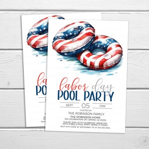 May include: Invitation to a Labor Day pool party hosted by the Robinson family at their home on September 5th at 1 PM. The invitation features a watercolor illustration of two red, white, and blue inflatable pool floats.