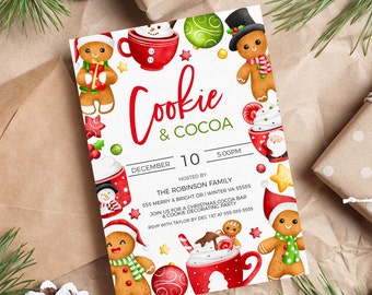 May include: A Christmas party invitation with a white background and colorful illustrations of gingerbread men, mugs of hot cocoa, and Christmas ornaments. The text reads "Cookie & Cocoa" and includes the date, time, and location of the party.