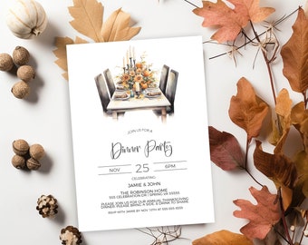 May include: A white invitation card with the text "Dinner Party" in elegant script. The card features a watercolor illustration of a Thanksgiving dinner table setting. Dried leaves and decorative elements surround the card, creating a festive autumn theme.