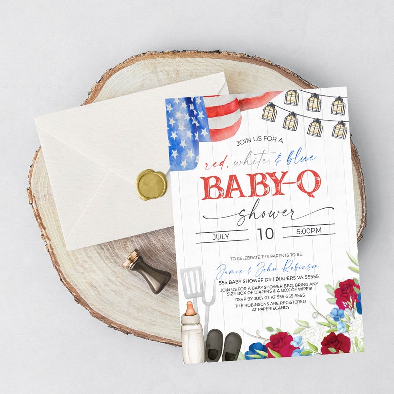 May include: Red, white, and blue baby shower invitation with a watercolor American flag, string lights, and a spatula, bottle, and shoes. The invitation reads "Join us for a red, white & blue baby-q shower" with the date and time of the event.