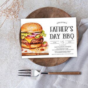 May include: A Father's Day BBQ invitation with a watercolor illustration of a juicy burger. The invitation includes the date, time, and location of the event.  Join us for burgers and beers to celebrate Father's Day.