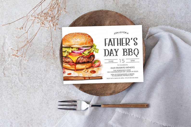 May include: A Father's Day BBQ invitation with a watercolor illustration of a juicy burger. The invitation includes the date, time, and location of the event.  Join us for burgers and beers to celebrate Father's Day.