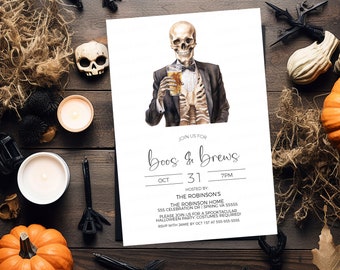 May include: A Halloween party invitation with a skeleton in a tuxedo holding a glass of beer. The invitation reads "Join us for Boos & Brews Oct 31 7PM Hosted by: The Robinson's The Robinson Home 555 Celebration Dr Spring VA 55555 Please join us for a Spooktacular Halloween Party. Costumes Required! RSVP with Jamie by Oct 1st at 555-555-5555"
