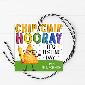 May include: A square gift tag with the text "CHIP CHIP HOORAY! IT'S TESTING DAY!" features a cartoon chip wearing glasses and holding a pencil. The tag is decorated with stars and a green base. The tag is tied with a black and white string.