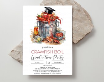 May include: A graduation party invitation with a watercolor illustration of a crawfish boil. The invitation is for a crawfish boil graduation party on June 15th at 11:00 AM in honor of Jamie Robinson. The invitation includes the address and RSVP information.