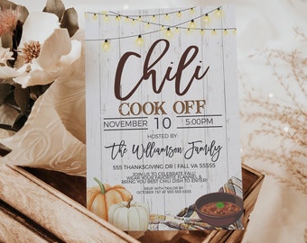 Convite para cozinhar chili, convite para competição de degustação de chili, festa rústica de outono com chili cookoff, modelo editável para impressão