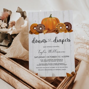 Fall Baby Shower Donut Invitation, Autumn Donut And Diapers Invite, Baby Sprinkle, Boy Girl Twins Sprinkled With Love, Editable Printable