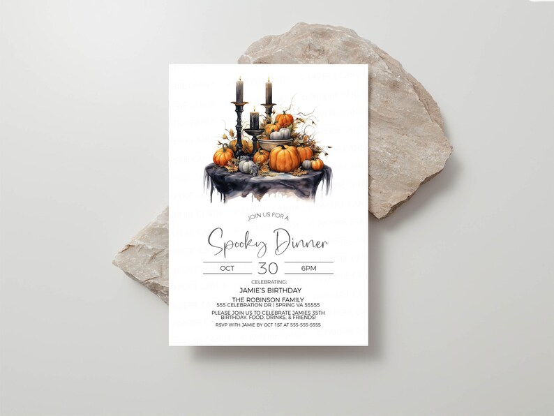 May include: A black and white invitation for a Spooky Dinner on October 30th at 6 PM. The invitation features a watercolor illustration of a table with pumpkins, candles, and fall foliage. The text "JOIN US FOR A Spooky Dinner" is written in a decorative font.