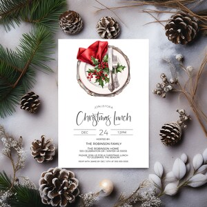 May include: A Christmas lunch invitation featuring a watercolour illustration of a festive table setting. The invitation details the date, time, and location of the event. It reads "Join us for a Christmas Lunch, Dec 24, 12PM, Hosted by: The Robinson Family, The Robinson Home, 555 Celebration Dr, Winter VA 55555, Please join us for a Christmas lunch to celebrate the season! RSVP with Jamie by Dec 10th at 555-555-5555."