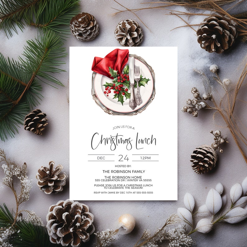 May include: A Christmas lunch invitation featuring a watercolour illustration of a festive table setting. The invitation details the date, time, and location of the event. It reads "Join us for a Christmas Lunch, Dec 24, 12PM, Hosted by: The Robinson Family, The Robinson Home, 555 Celebration Dr, Winter VA 55555, Please join us for a Christmas lunch to celebrate the season! RSVP with Jamie by Dec 10th at 555-555-5555."