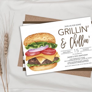 May include: A white invitation card featuring a watercolour illustration of a hamburger. The text on the card reads "Join us for some Grillin' & Chillin'" and includes details for a birthday party.