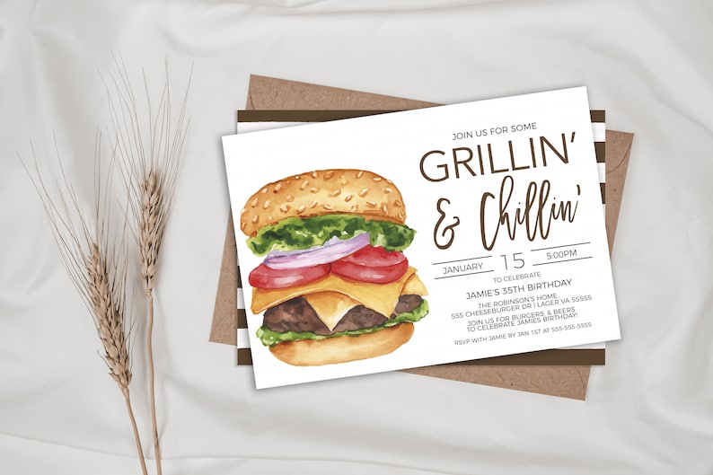 May include: A white invitation card featuring a watercolour illustration of a hamburger. The text on the card reads "Join us for some Grillin' & Chillin'" and includes details for a birthday party.